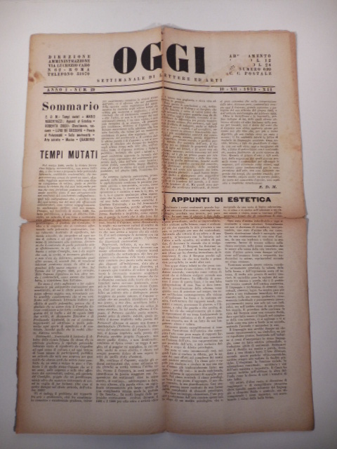 Oggi. Settimanale di lettere ed arti, anno I, num. 29